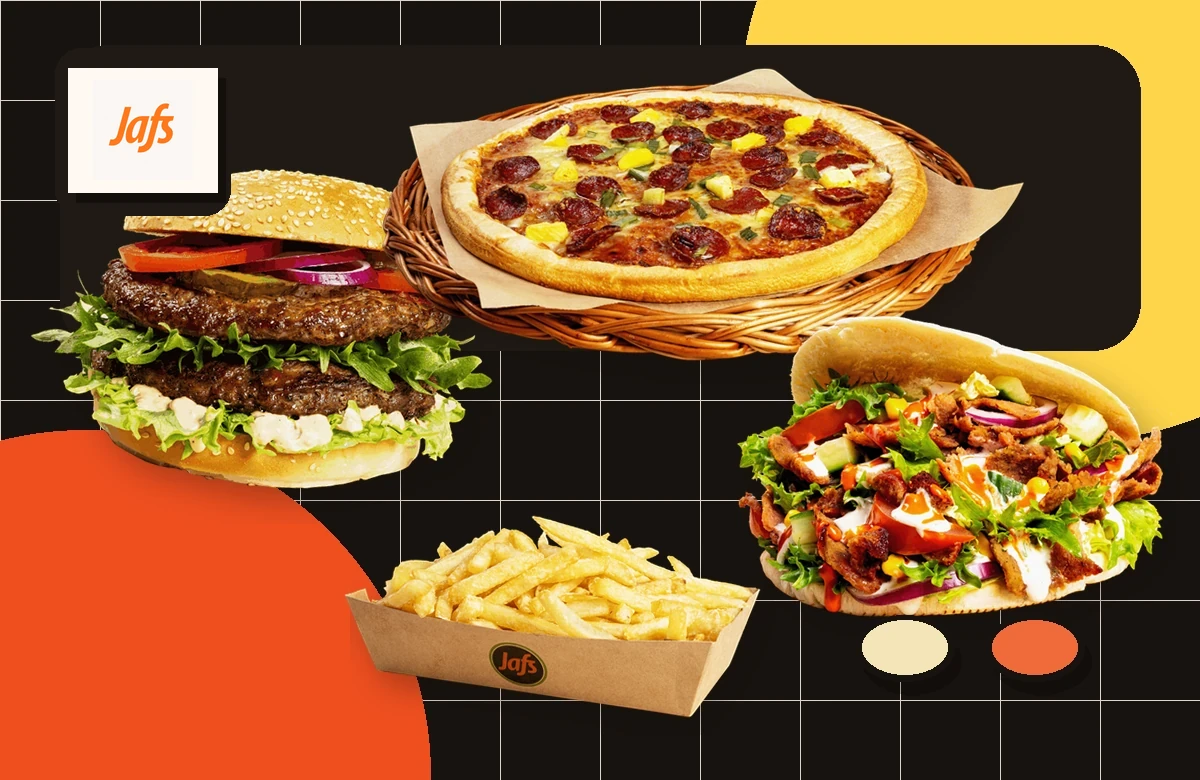 Burger, pizza, pommes, brus og dipp satt sammen som en delingspakke