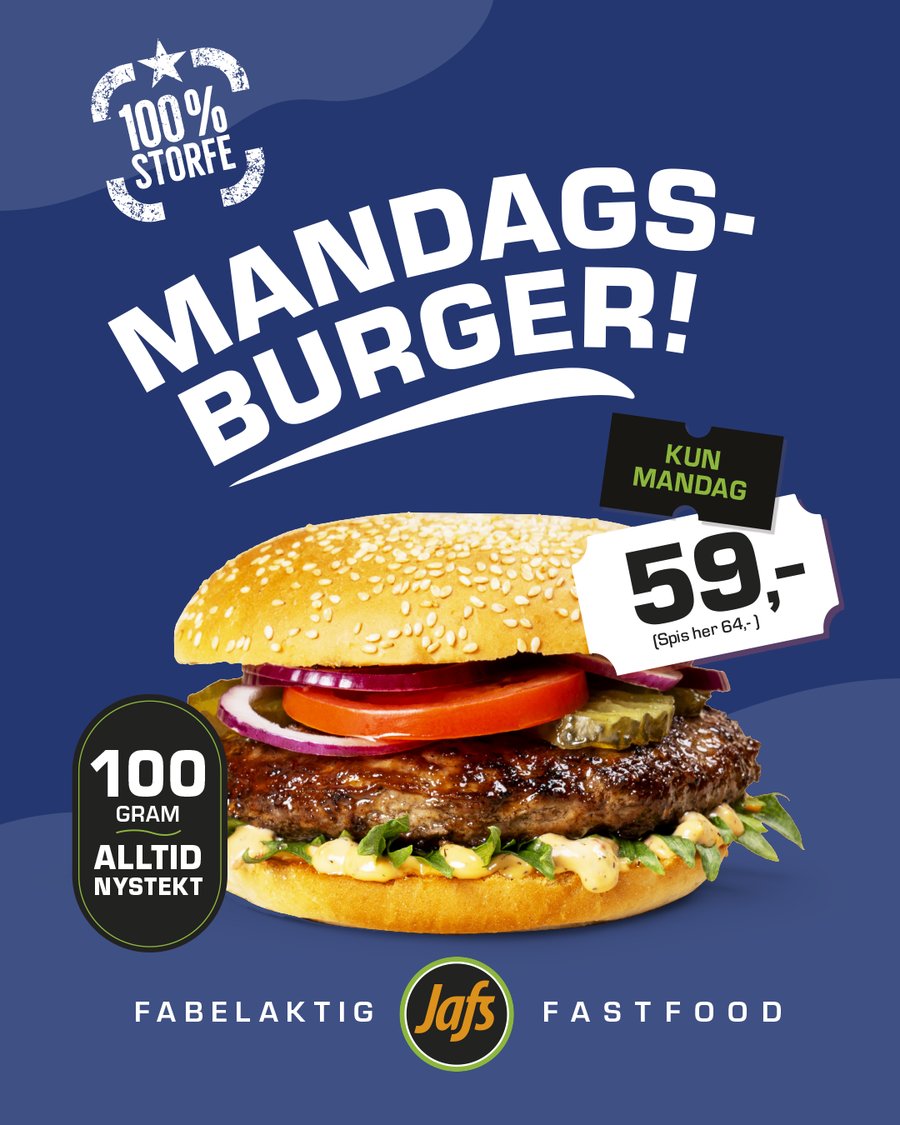 Mandagsburger 59,- (spis her 64,-). 100 gram storfe, alltid nystekt. Kun mandag.